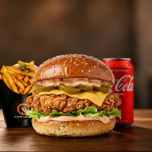 Spicy Cheese Burger And Fries Drink